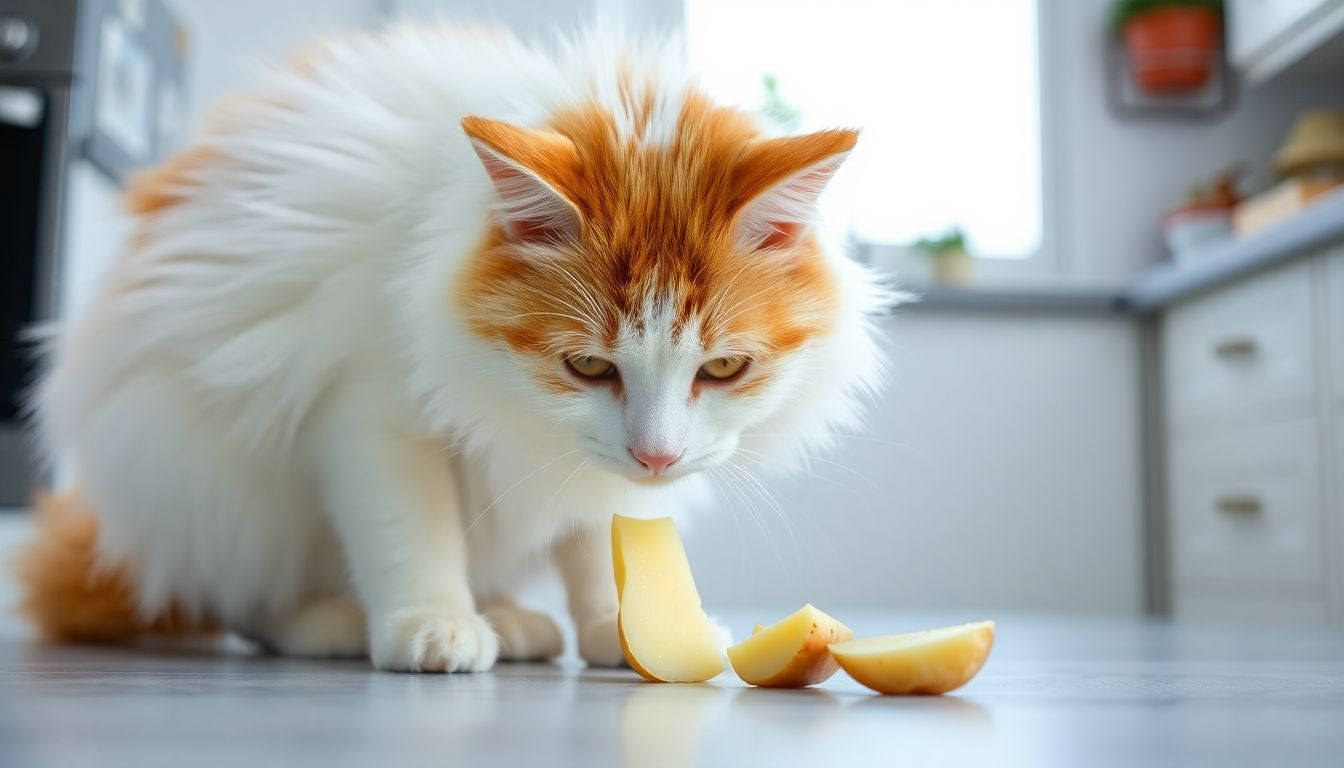 Een witte en oranje kat snuffelt voorzichtig aan een stukje gekookte aardappel in de keuken.