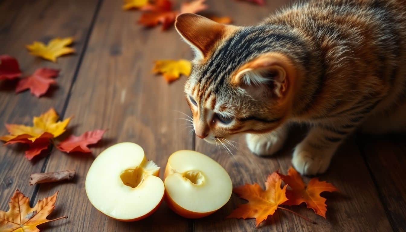 Een nieuwsgierige kat snuift voorzichtig aan een gesneden appel tussen herfstbladeren.