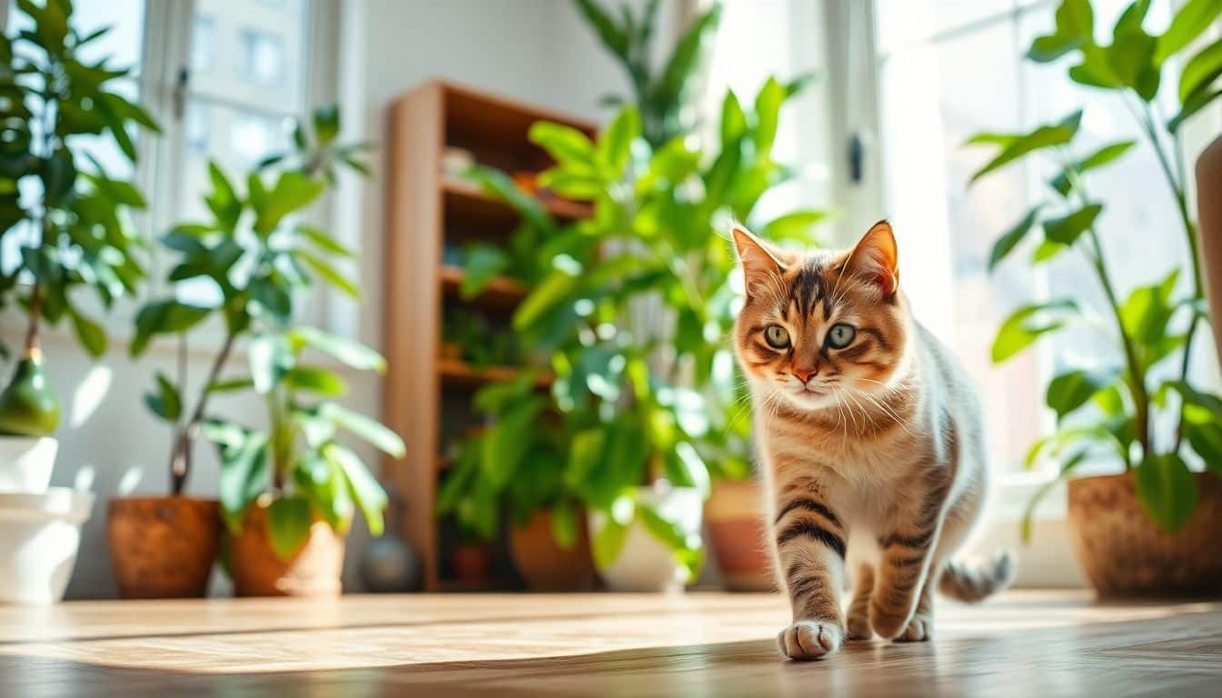 Een gezonde kat speelt in een zonnige woonkamer vol groene planten.