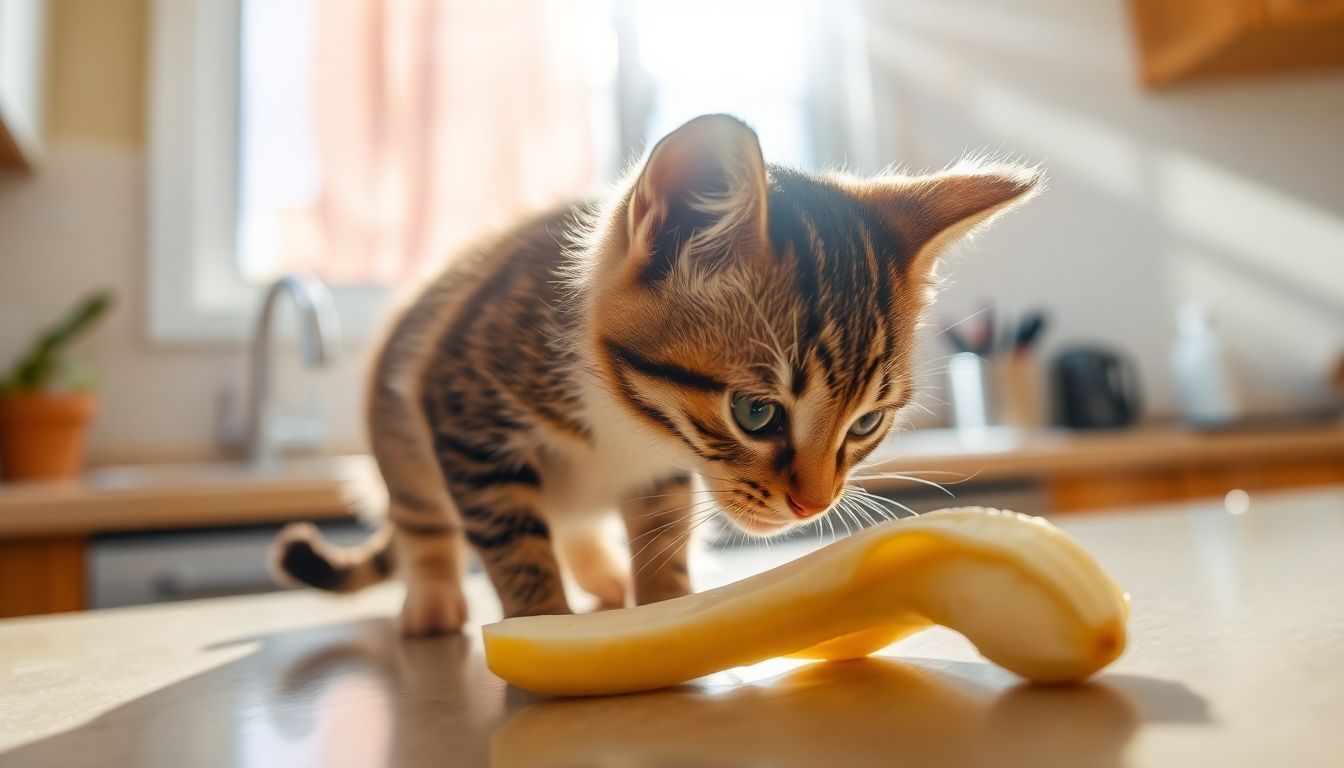 Een nieuwsgierige kat ontdekt een banaan op het aanrecht.