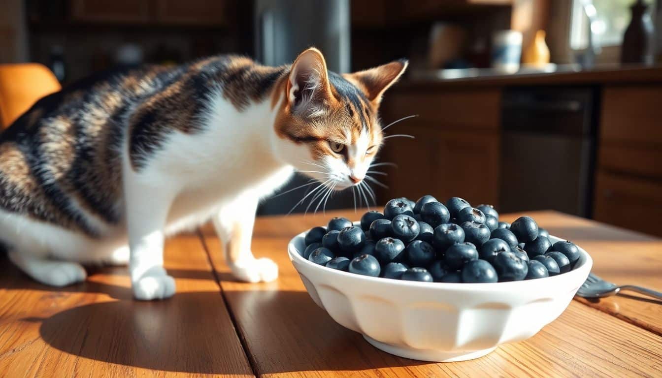 Een nieuwsgierige kat snuffelt aan een kom met verse bosbessen op een houten tafel.