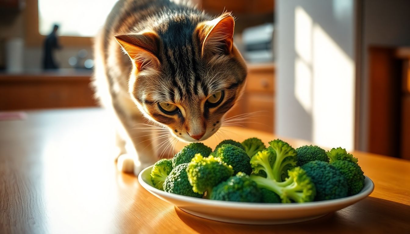 Een nieuwsgierige kat snuift aan verse broccoli op een keukenplaat.