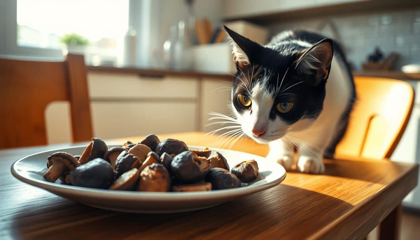 Een nieuwsgierige zwarte en witte kat snuffelt aan gekookte champignons op een houten keukentafel.