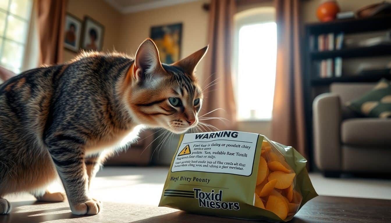 Een nieuwsgierige kat snuffelt aan een zak chips met een waarschuwingslabel.