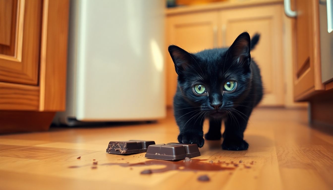 Een kleine zwarte kat glipt de keuken in en heeft chocolade op zijn pootjes.