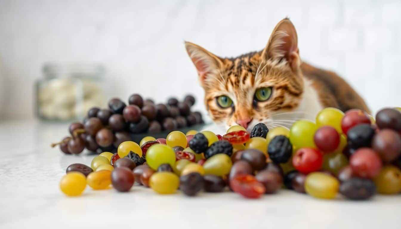 Een nieuwsgierige kat kijkt naar druiven en rozijnen op het aanrecht.