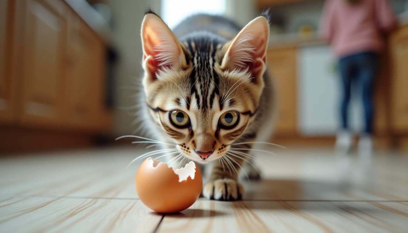 Een nieuwsgierige kat inspecteert voorzichtig een gebarsten ei op de keukenvloer.