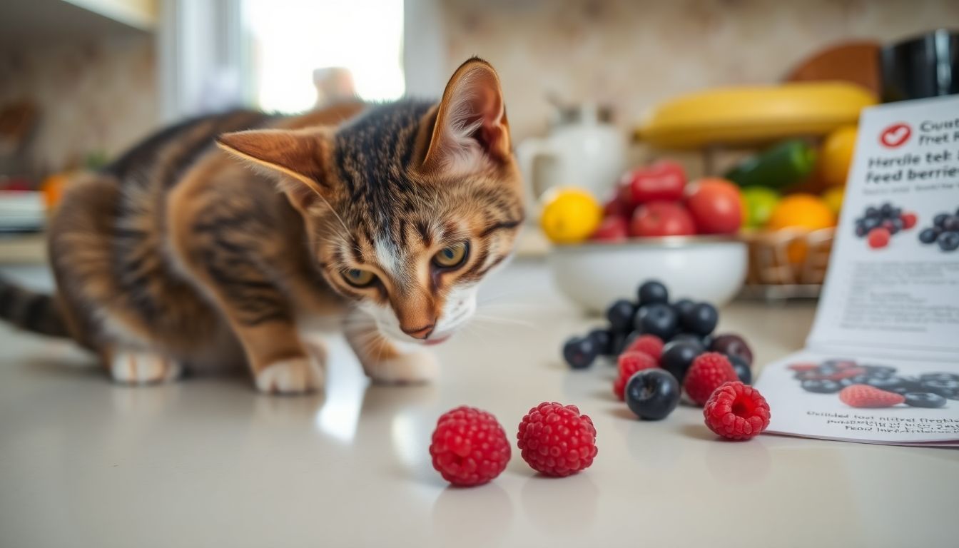 Een nieuwsgierige kat verkent een keuken met bessen en een waarschuwingsbrochure.