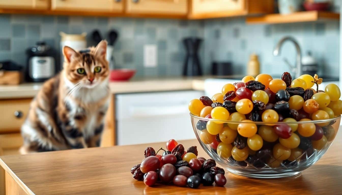 Een speelse kat zit naast een kom druiven en rozijnen op het aanrecht.