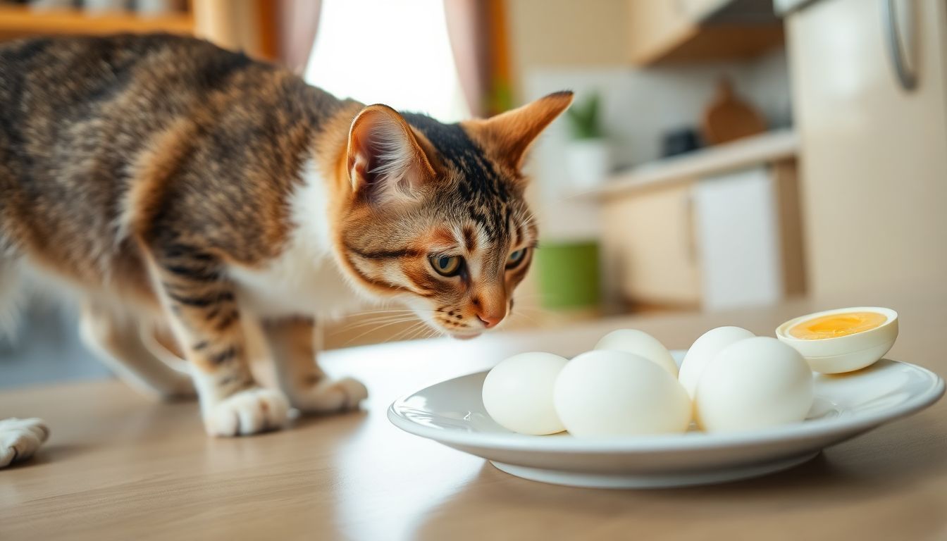 Een nieuwsgierige kat snuffelt aan gekookte eieren in de keuken.