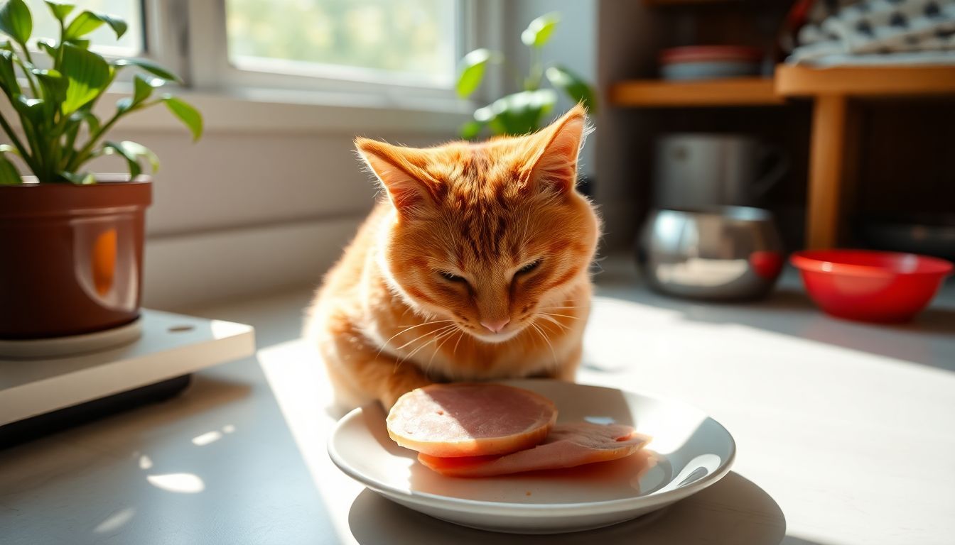 Een ontspannen oranje tabby kat eet ham in de keuken.