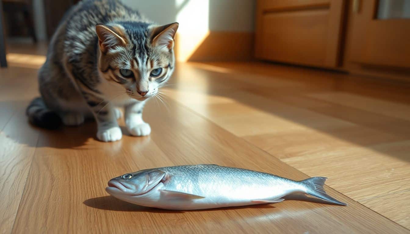 Een kat kijkt nieuwsgierig naar een haringvis op de vloer.