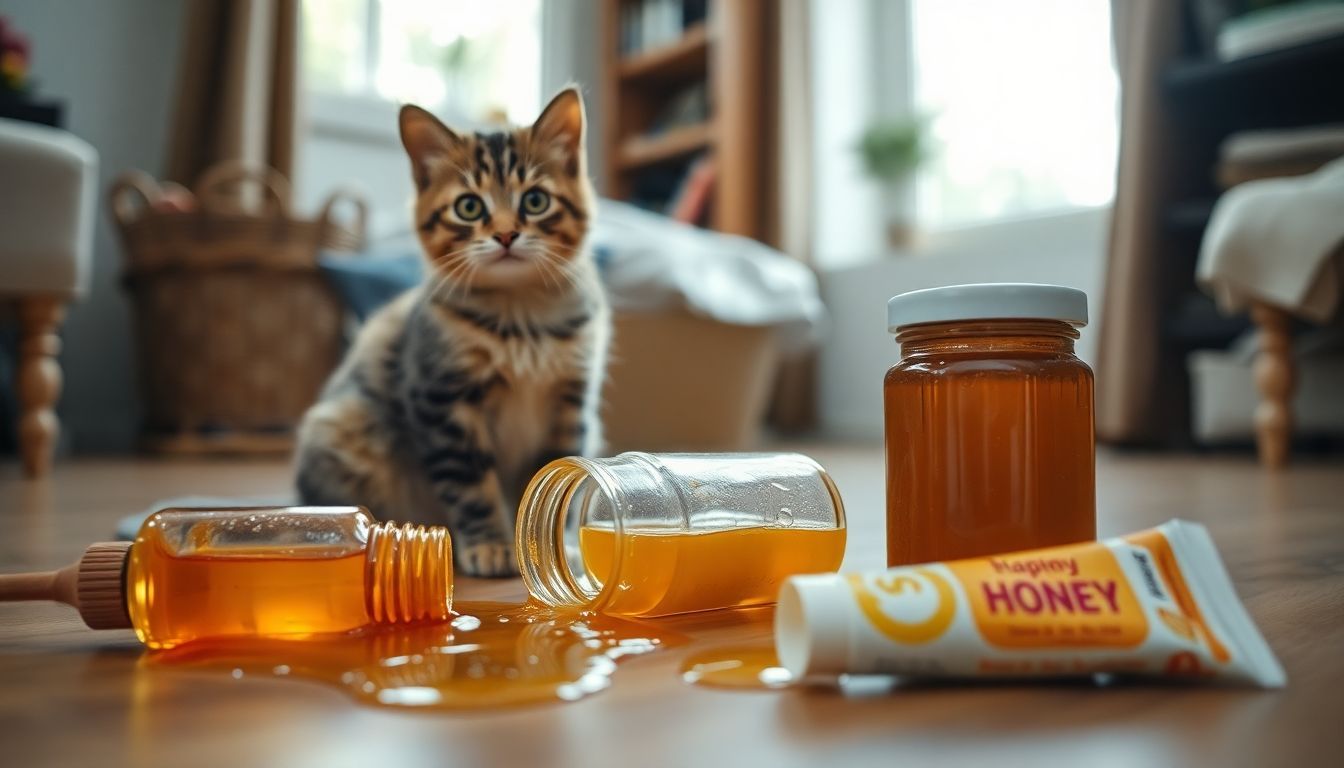 Een kat kijkt bezorgd naar gemorst honing, met mogelijke gevaren.
