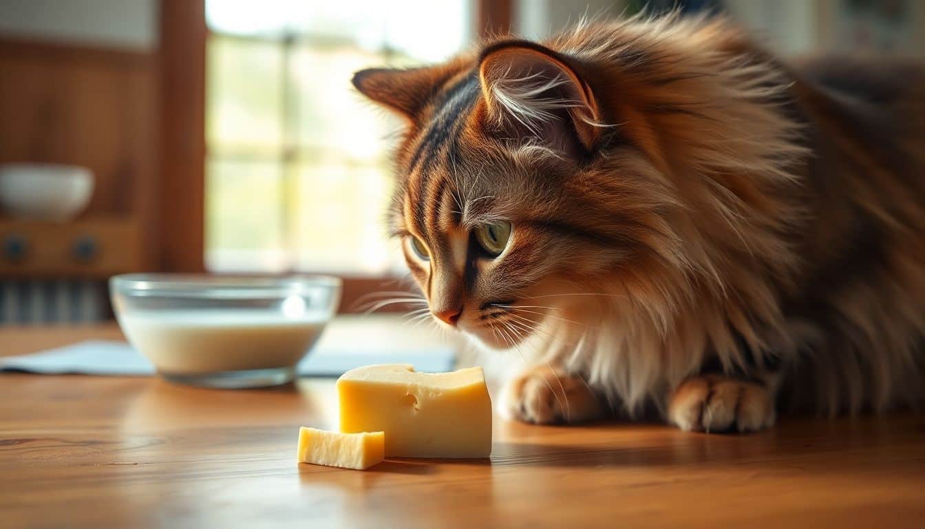 Een pluizige tabby kat snuffelt aan een stukje kaas op een keukentafel.
