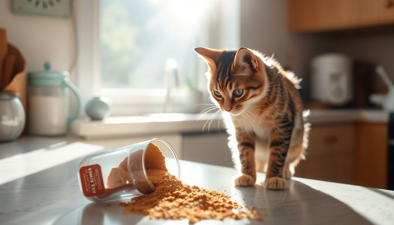 Een nieuwsgierige kat verkent een gemorst kaneelpoeder op een keukenblad.