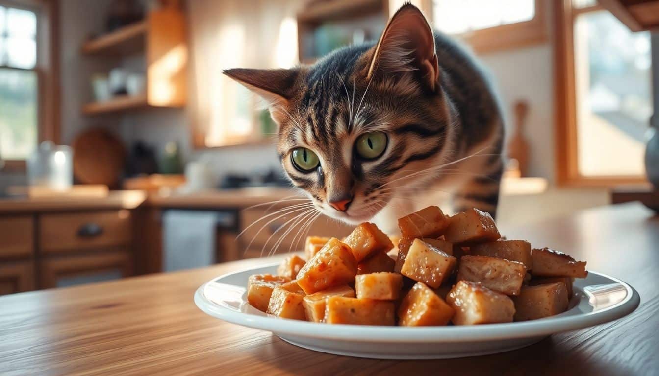Een gezellige keuken met een kat die nieuwsgierig is naar het eten.