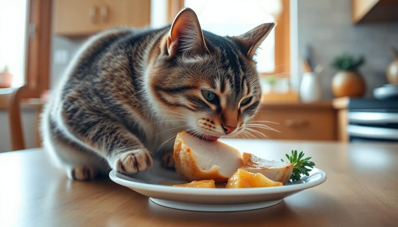Een kat eet zachtjes een stukje gekookte kip op een bord.