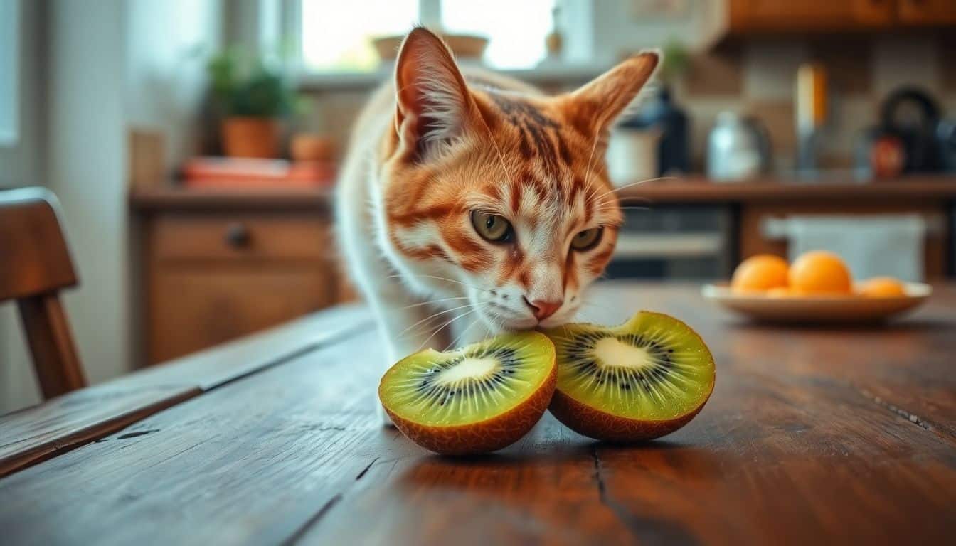 Een nieuwsgierige kat snuffelt aan een plakje kiwi op een houten tafel.