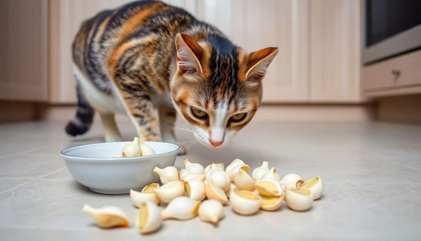 Een kat snuffelt nieuwsgierig aan een kom geknoeide knoflookteentjes.