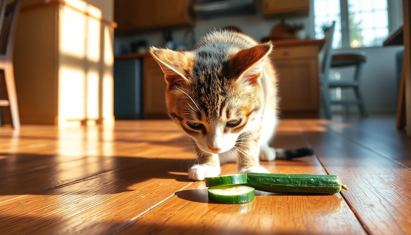 Een nieuwsgierige kat snuift voorzichtig aan een plakje komkommer op de keukenvloer.