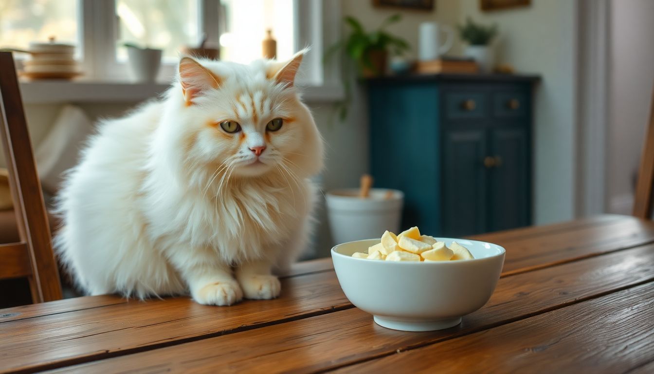 Een rustige witte kat zit naast een kommetje kwark.