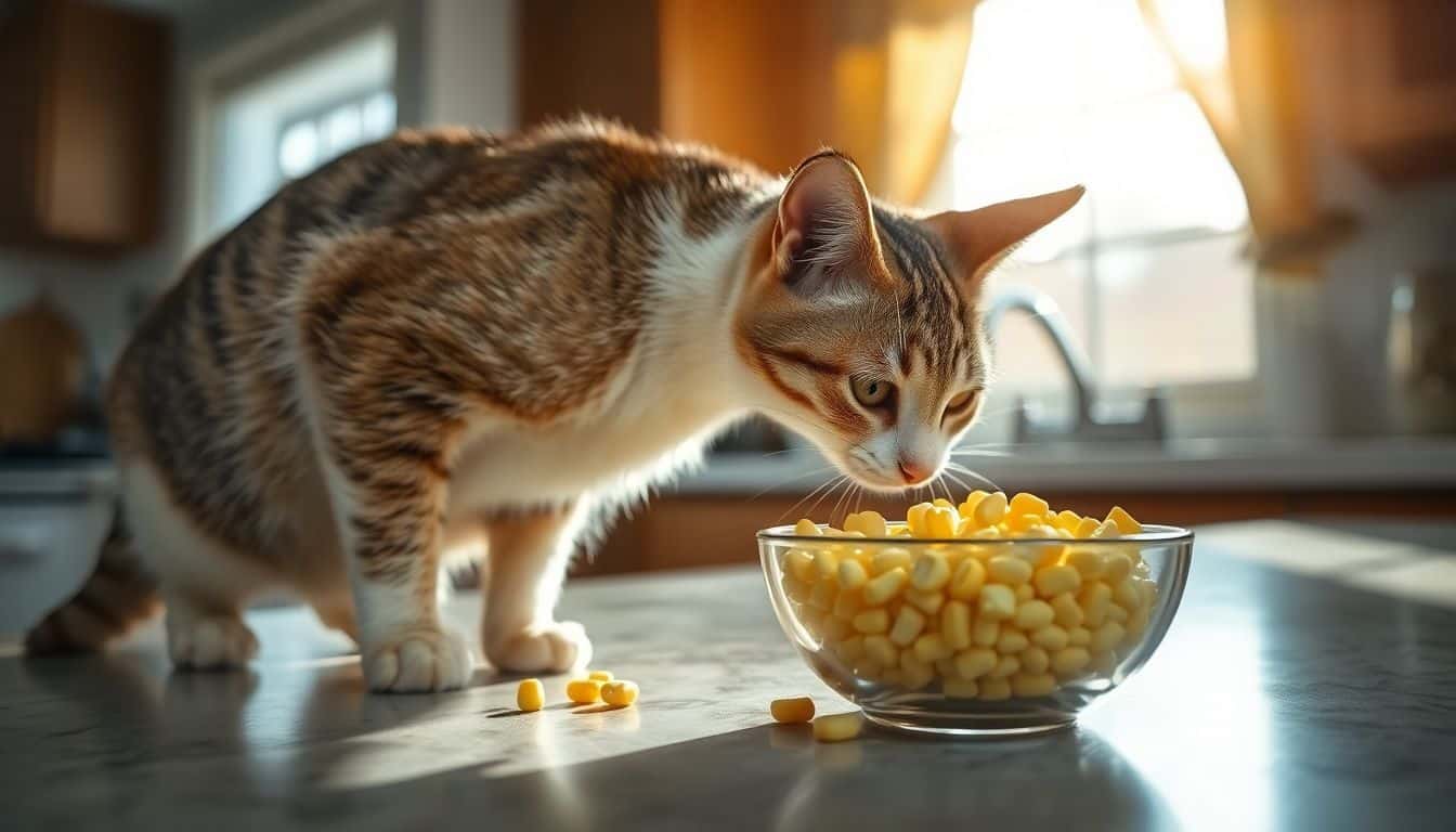 Een nieuwsgierige kat staat op het aanrecht en ruikt aan een kom met maïskorrels.