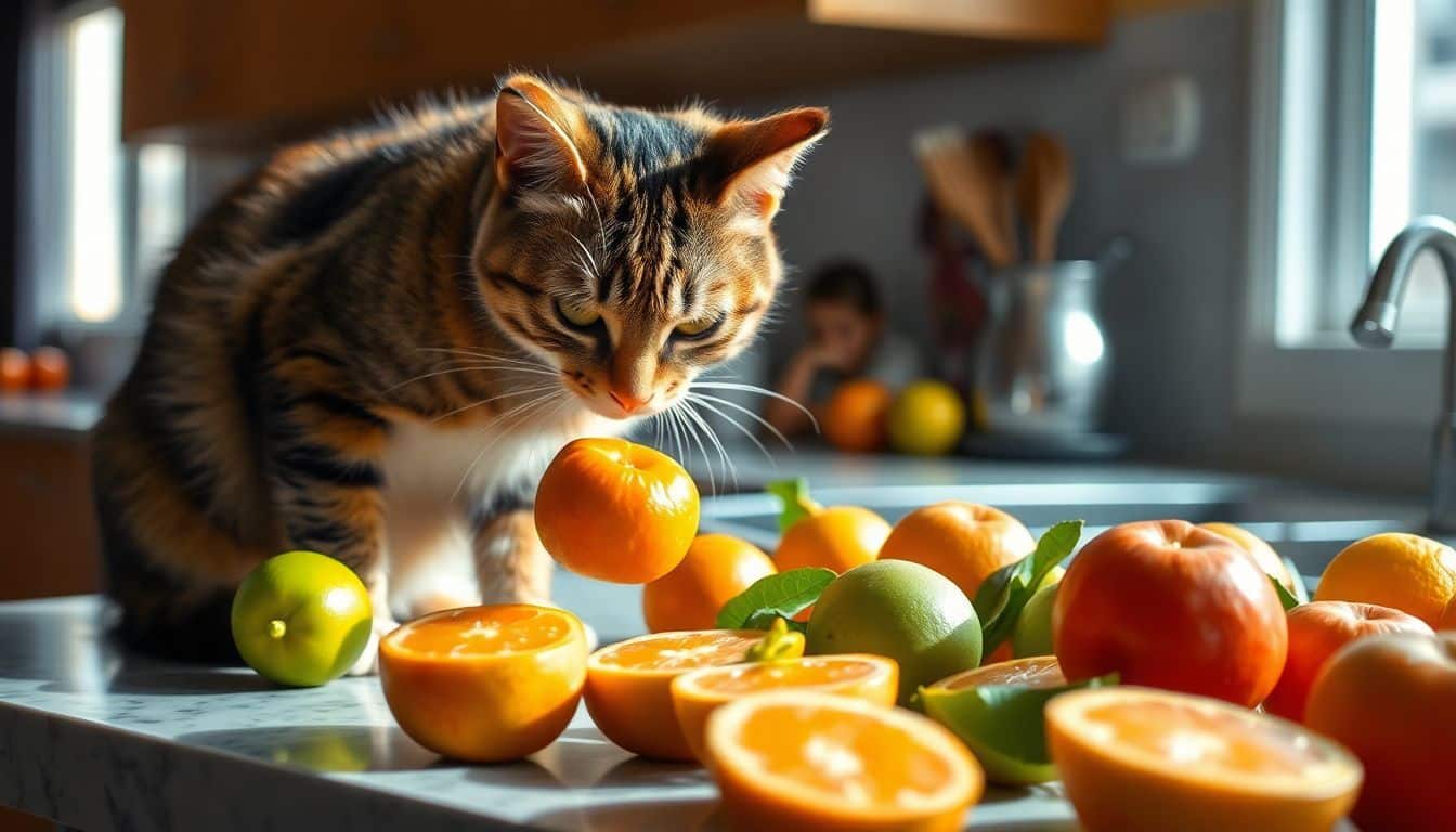 Een nieuwsgierige kat snuffelt aan een mandarijn op een keukenblad.