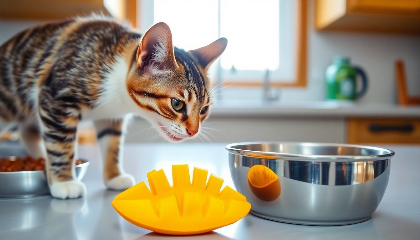 Een nieuwsgierige kat snuffelt aan een verse mango op het aanrecht.