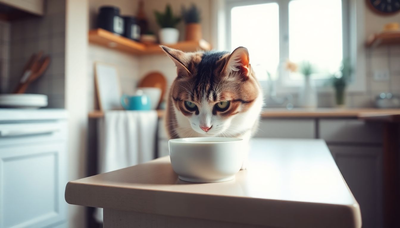 Een kat snuffelt zachtjes aan een kom melk in een gezellige keuken.