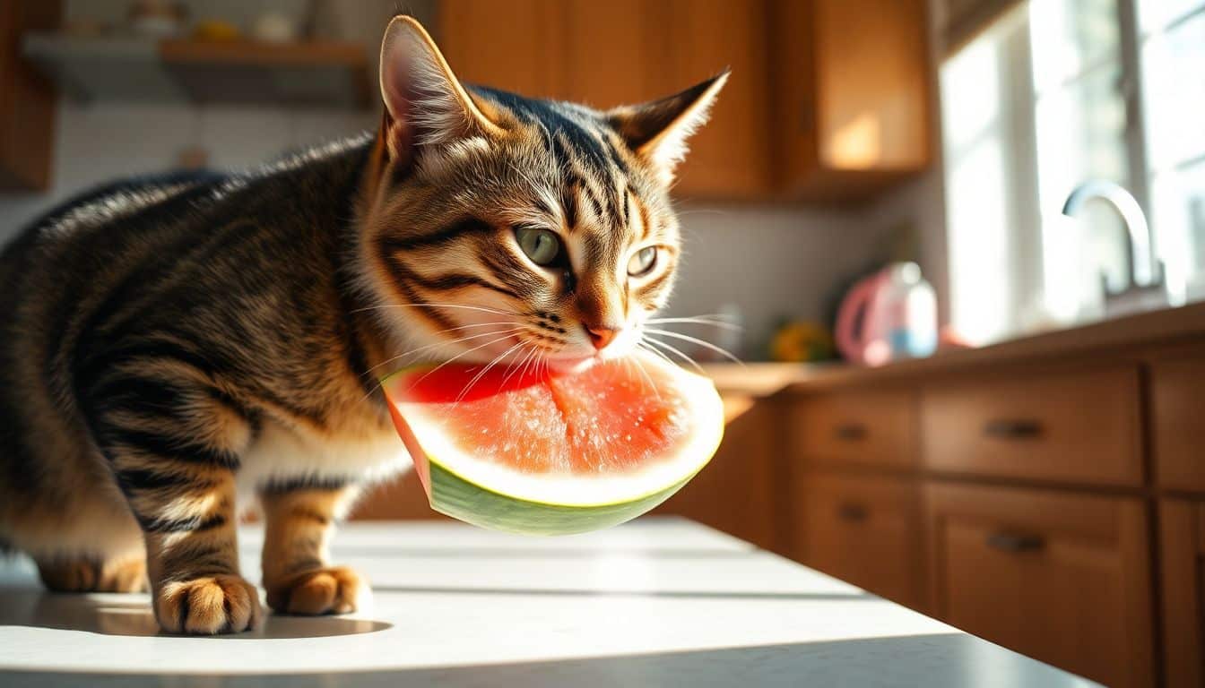 Een nieuwsgierige tabby kat snuift aan een sappige watermeloen.