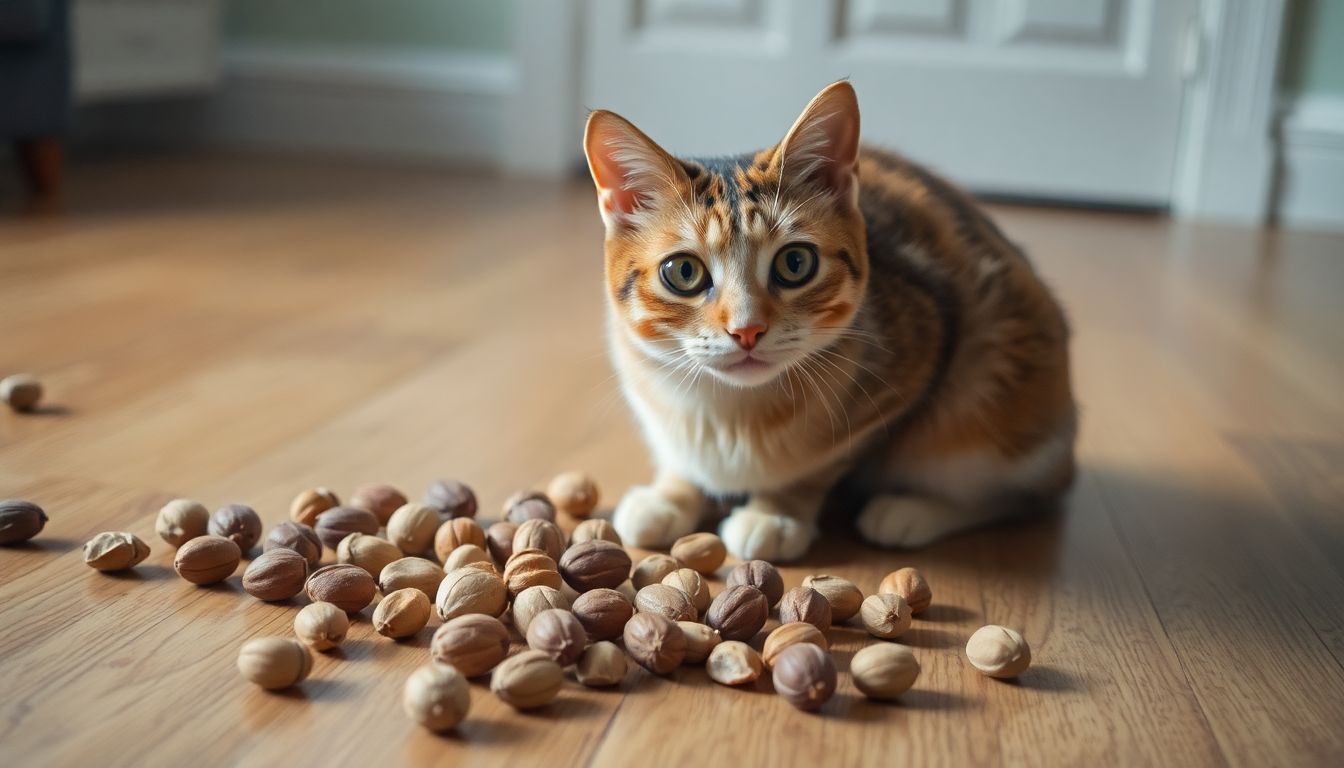 Een nieuwsgierige kat zit te midden van verschillende soorten noten op de houten vloer.