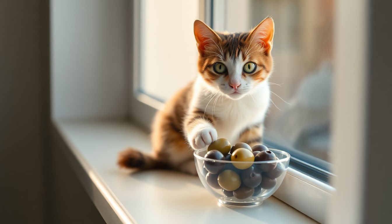 Een nieuwsgierige kat speelt met olijven op de vensterbank.