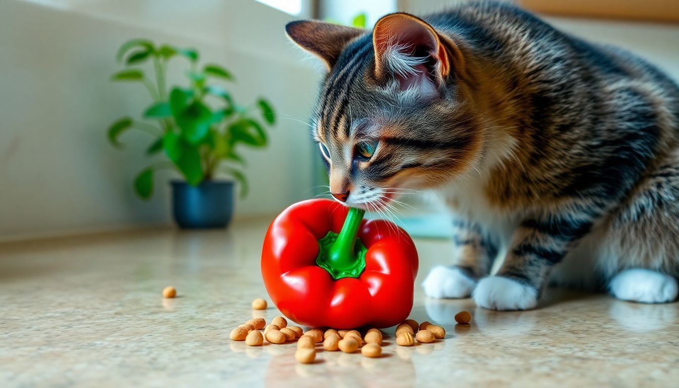 Een kat snuffelt aan een rode paprika op een keukenaanrecht.