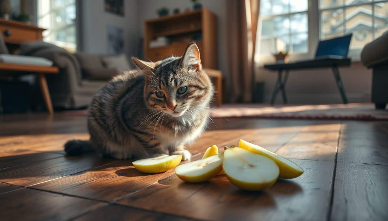 Een schattige kat eet peer op een rustieke houten vloer.