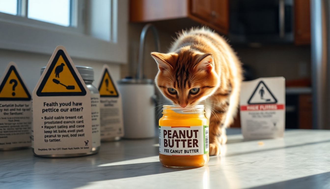 Een nieuwsgierige kat verkent een open pot pindakaas op het aanrecht.