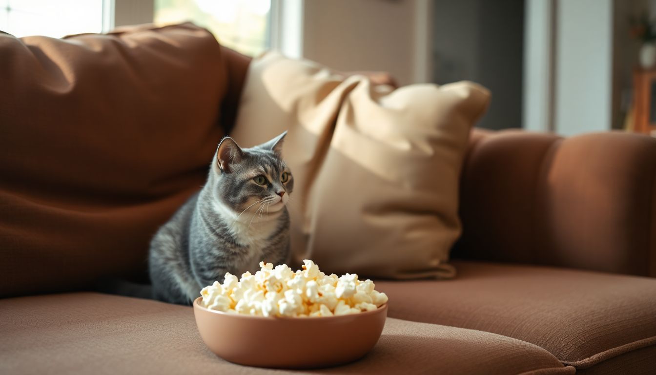 Een grijze en witte kat kijkt nieuwsgierig naar een kom popcorn op een gezellige bank.
