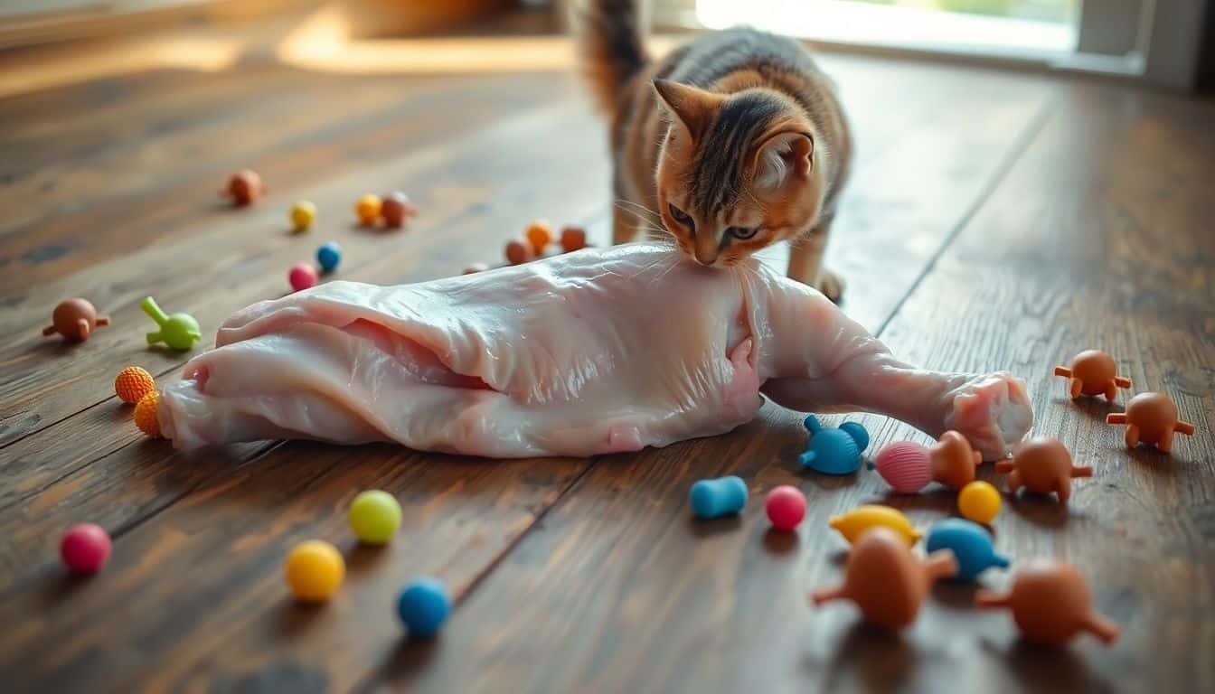 Een nieuwsgierige kat onderzoekt een rauwe kippenpoot tussen kattenspeelgoed op de vloer.