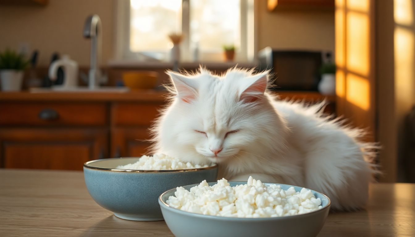 Een witte kat eet rustig rijst in een gezellige keuken.