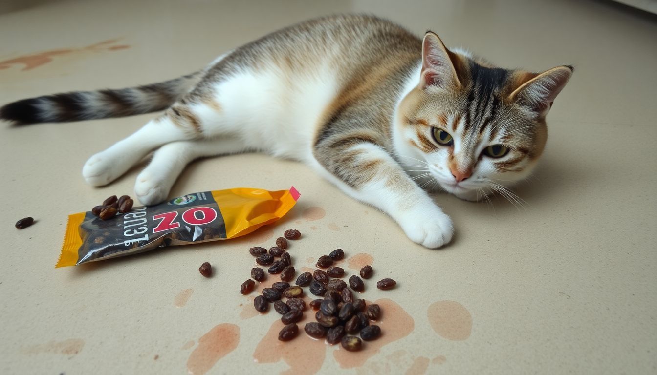Een vermoeide en misselijke kat ligt naast een omgevallen zak rozijnen.