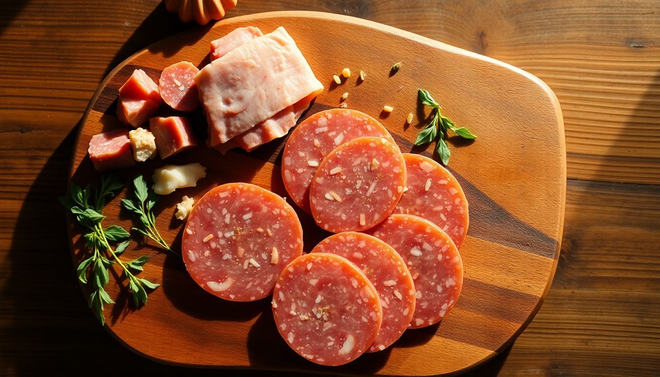 Een rustieke houten snijplank met salami en vlees.