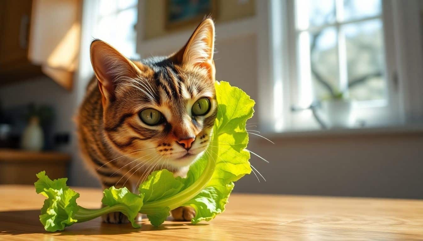 Een nieuwsgierige tabby kat snuift aan een groen slablad in de keuken.