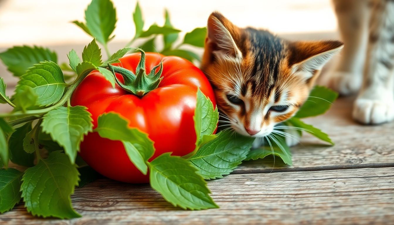 Een nieuwsgierige kat snuffelt aan een rijpe rode tomaat op een houten oppervlak.