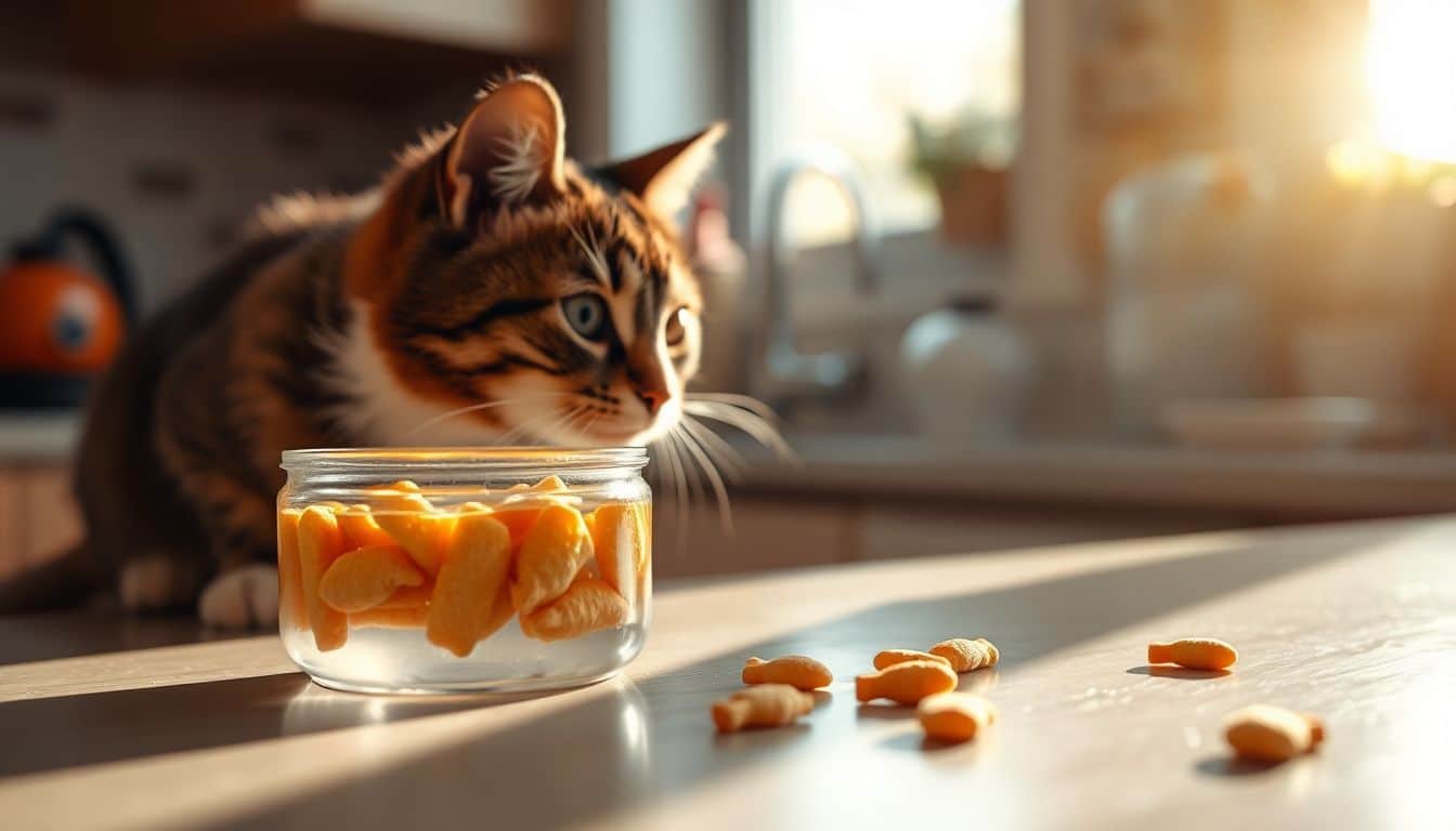 Een kat kijkt nieuwsgierig naar een blik tonijn naast kattensnoepjes.