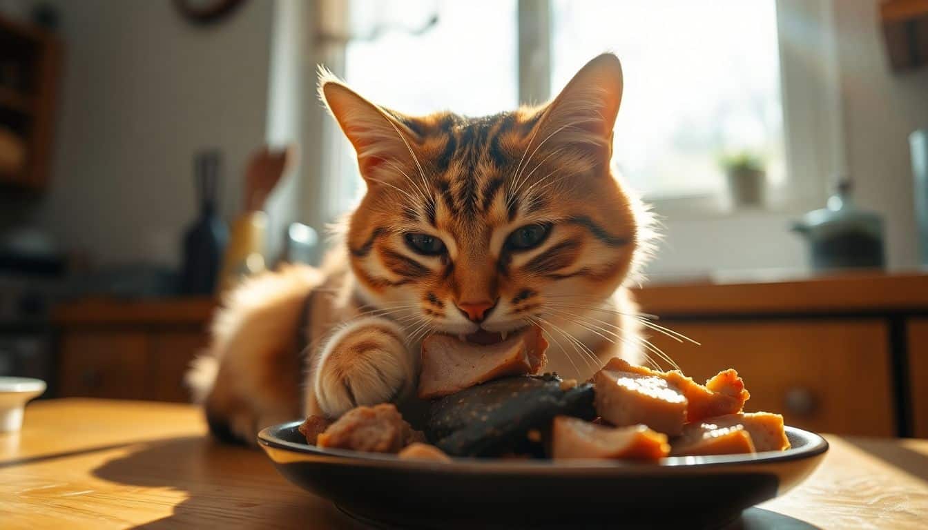 Een kat eet voorzichtig een stukje gekookt varkensvlees in een gezellige keuken.