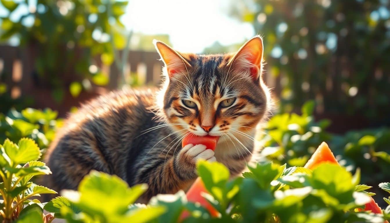 Een kat eet watermeloen in zonnige tuin.