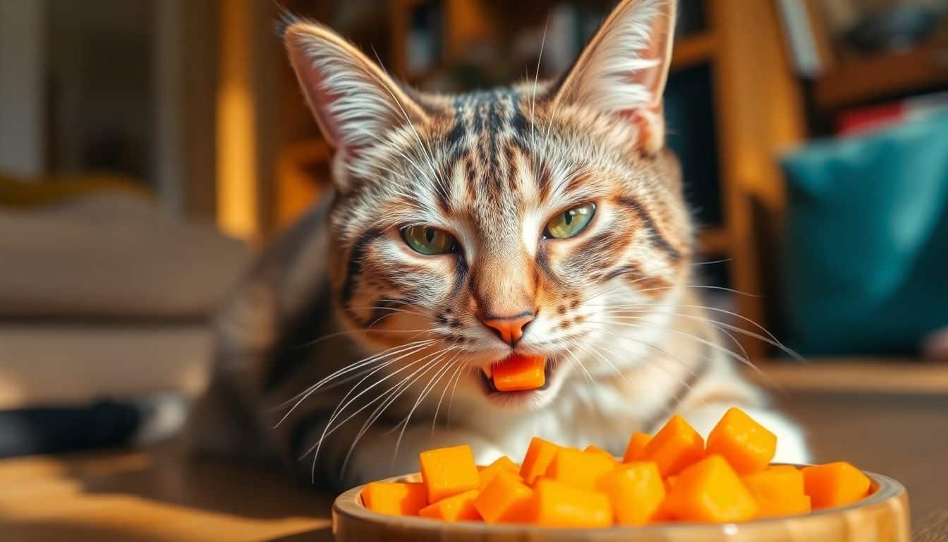 Een kat geniet van het eten van gekookte worteltjes in huis.