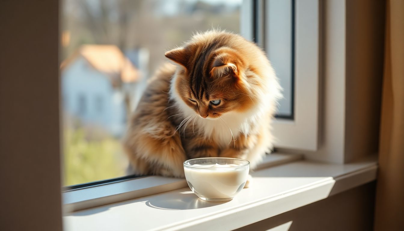 Een pluizige kat snuift nieuwsgierig aan een kommetje yoghurt op een zonnige vensterbank.