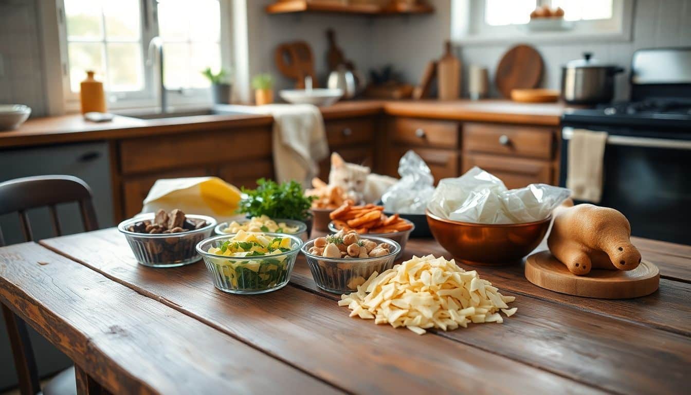 Een selectie van veilige menselijke voedingsmiddelen voor katten op een rustieke houten tafel.