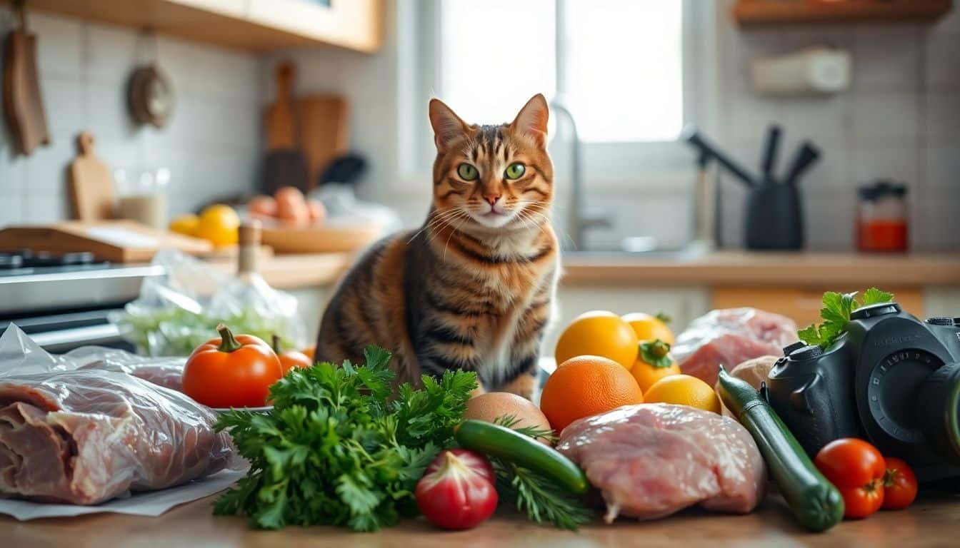 Een kat zit te midden van verse voedsel in de keuken.