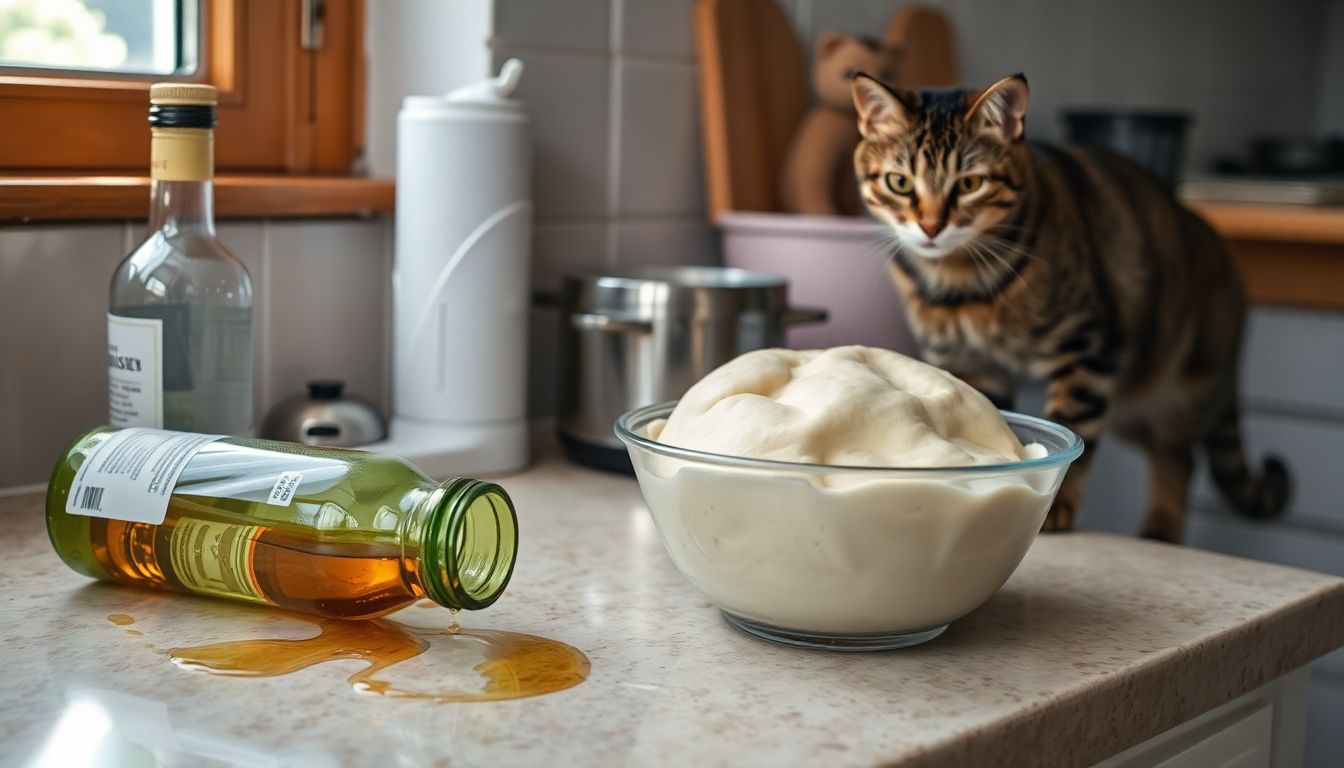 Een rommelige keuken met geknoeid alcohol, deeg dat rijst en een nieuwsgierige kat.
